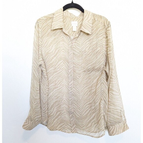Chicos Blouse Womens Medium Ivory Zebra Print Sheer Button Up Office Career Top - Picture 1 of 12